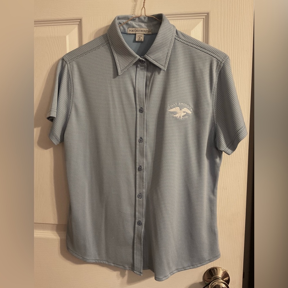 Light blue & white button blouse top with white eagle bird First American